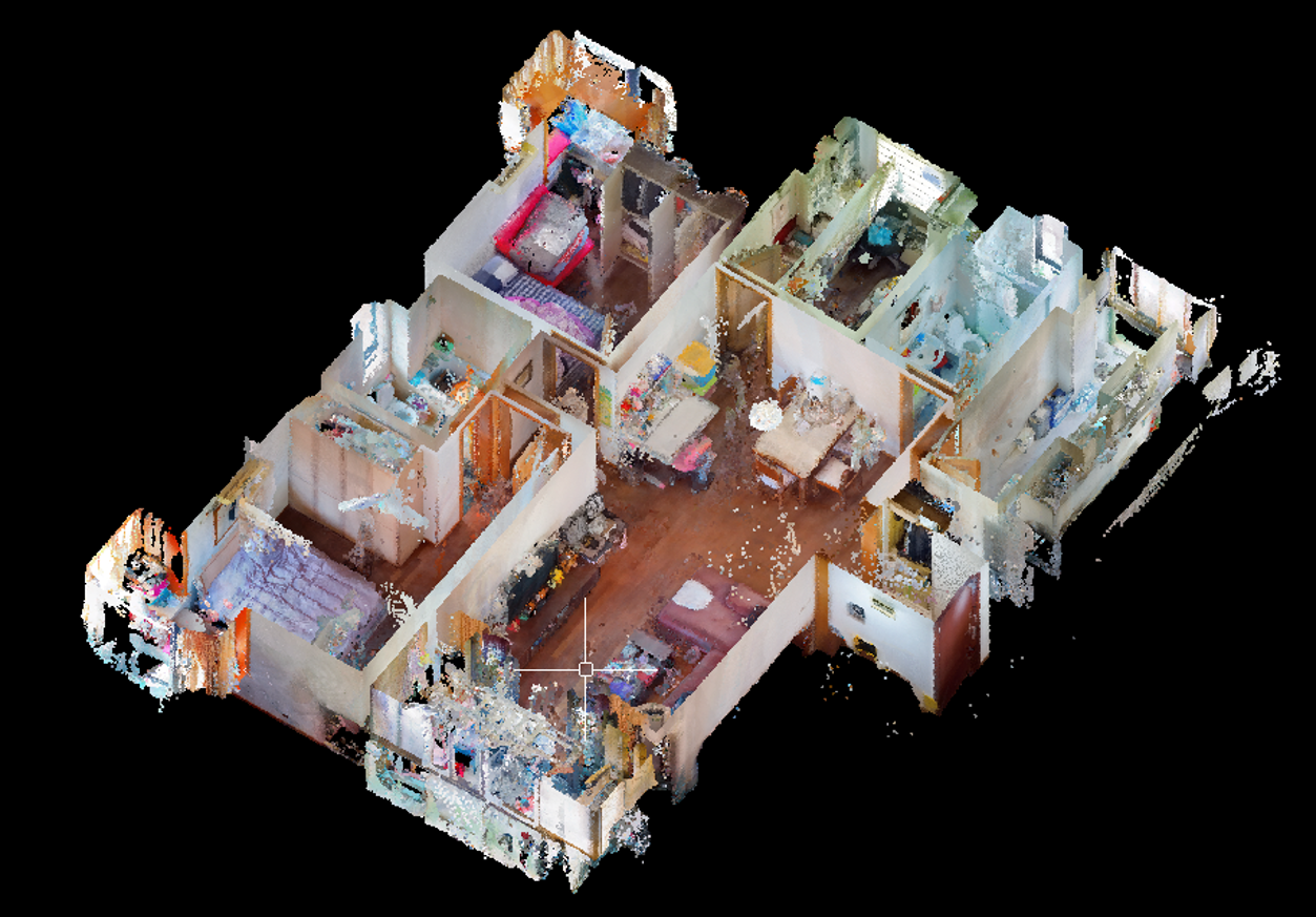 Colour point-cloud view of a furnished residential interior